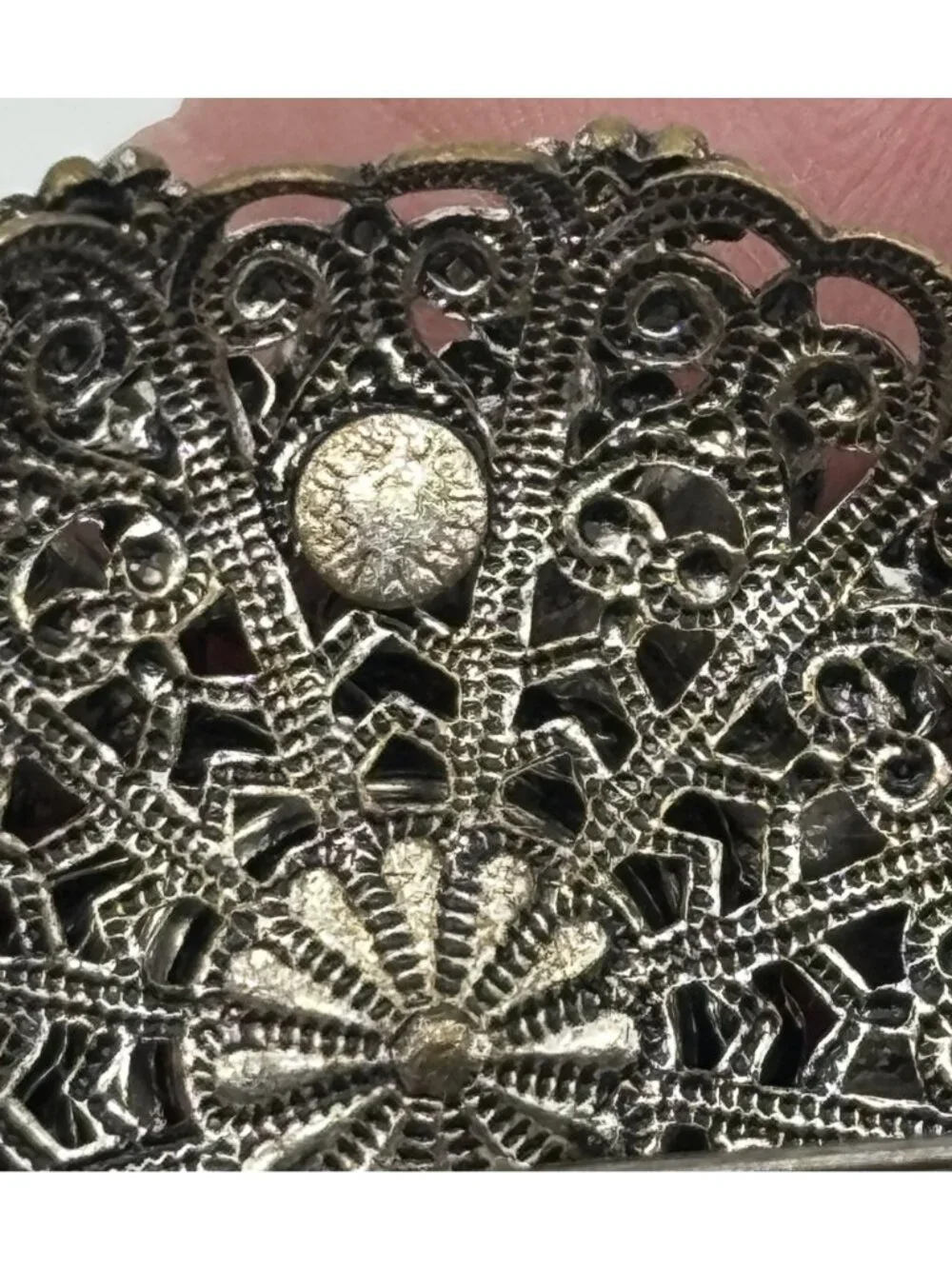 Vintage West Germany High Dome Brooch W/Crystal Faux Pearls Filigree Silver-Tone